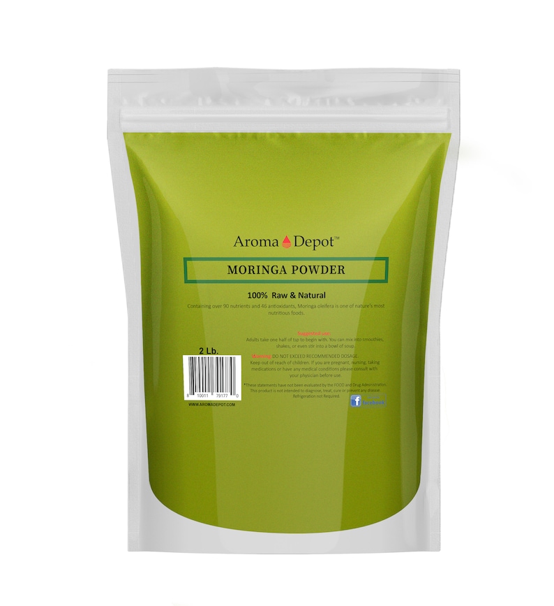 May include: A green resealable bag with a white label containing the text "Aroma Depot&trade; Moringa Powder 100% Raw & Natural" and a barcode. The label also includes the text "Containing over 90 nutrients and 46 antioxidants, Moringa offers one of nature's most nutritious foods." and "2 Lb."
