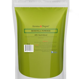 May include: A white resealable bag with a green background containing 1.36 kg of Moringa Powder. The bag has a label with the text "Aroma Depot&trade; Moringa Powder 100% Raw & Natural" and a description of the product. The label also includes a website address and a Facebook icon.