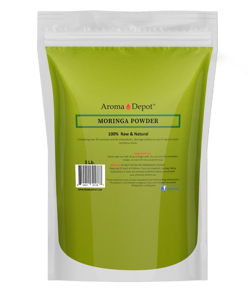 May include: A white resealable bag with a green background containing 1.36 kg of Moringa Powder. The bag has a label with the text "Aroma Depot&trade; Moringa Powder 100% Raw & Natural" and a description of the product. The label also includes a website address and a Facebook icon.