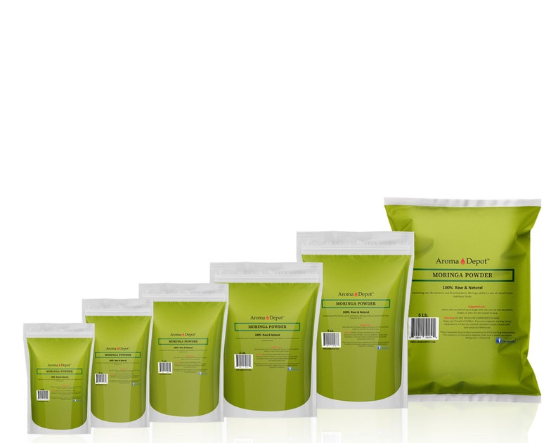 May include: Five different sizes of green pouches of moringa powder. The pouches are labeled "Aroma & Depot" and "Moringa Powder 100% Raw & Natural".