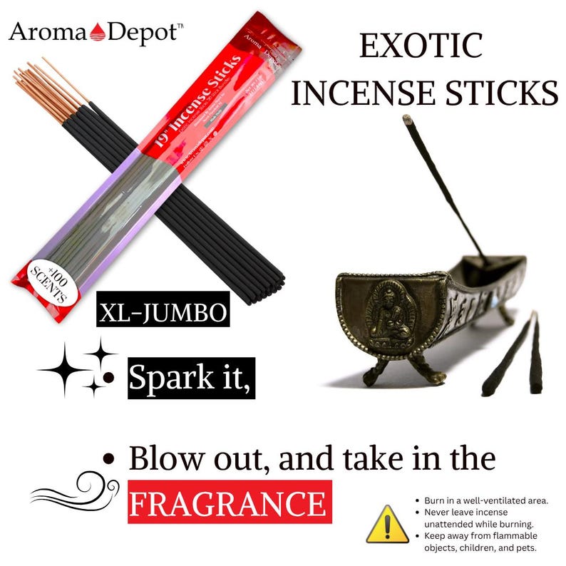 May include: A package of 19-inch XL-Jumbo Aroma Depot incense sticks with black sticks and copper-colored ends. A bronze-colored boat-shaped incense holder features a relief of a seated figure and holds a single burning incense stick.
