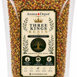 May include: A clear plastic bag filled with Three Kings Resin. The label features the Aroma Depot logo, a crown, and the words "THREE KINGS RESIN." The bag contains a mix of small, colorful resin pieces, with options for 4 oz, 8 oz, 16 oz, 32 oz, and 48 oz.