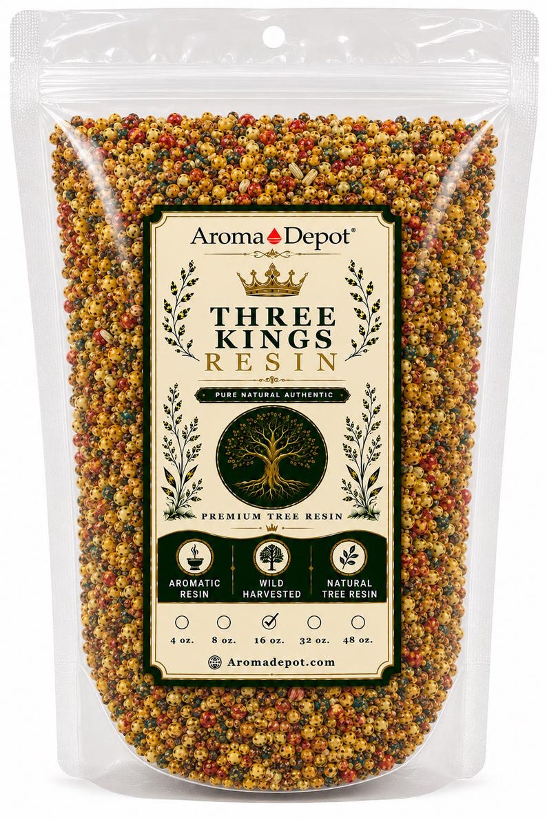 May include: A clear plastic bag filled with Three Kings Resin. The label features the Aroma Depot logo, a crown, and the words "THREE KINGS RESIN." The bag contains a mix of small, colorful resin pieces, with options for 4 oz, 8 oz, 16 oz, 32 oz, and 48 oz.