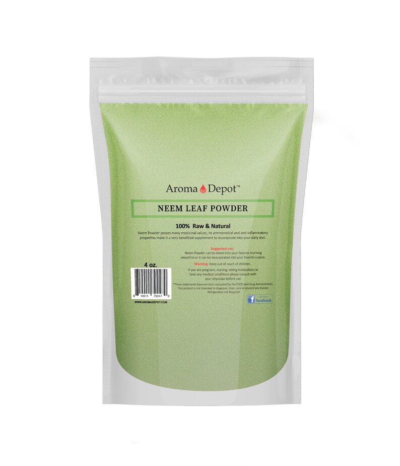 May include: A white resealable bag with a green label that reads "Aroma Depot&trade; Neem Leaf Powder 100% Raw & Natural" with a barcode and the text "4 oz."