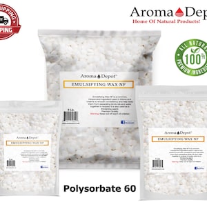 May include: Three bags of white emulsifying wax NF, a common ingredient used in lotions and creams to smooth consistency and help keep them from separating. The bags are labeled "Aroma Depot" and contain 1 lb, 1.5 lb, and 5 lb of wax. The text "Polysorbate 60" is printed below the bags.