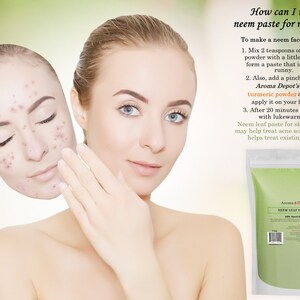 May include: A woman's face before and after using neem leaf powder. The image shows a woman with acne on her face, and then a clear complexion after using the powder. The image also shows a bag of neem leaf powder with the brand name "Aroma Depot".