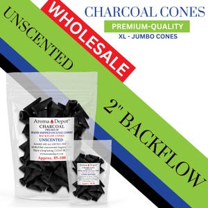 May include: A package of 85-100 unscented charcoal incense cones in a clear plastic bag. The cones are 2 inches tall and have a backflow design. The package is labeled "Aroma Depot™ Charcoal Premium Hand-Dipped Incense Cones Backflow Cones Unscented".