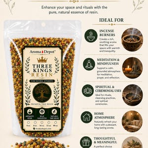 May include: A clear bag of Aroma Depot Three Kings Resin, filled with colorful resin beads. The packaging includes text about aromatic use, incense burners, meditation, and home atmosphere. The bag contains 4 oz, 8 oz, 16 oz, 32 oz, and 48 oz of resin.