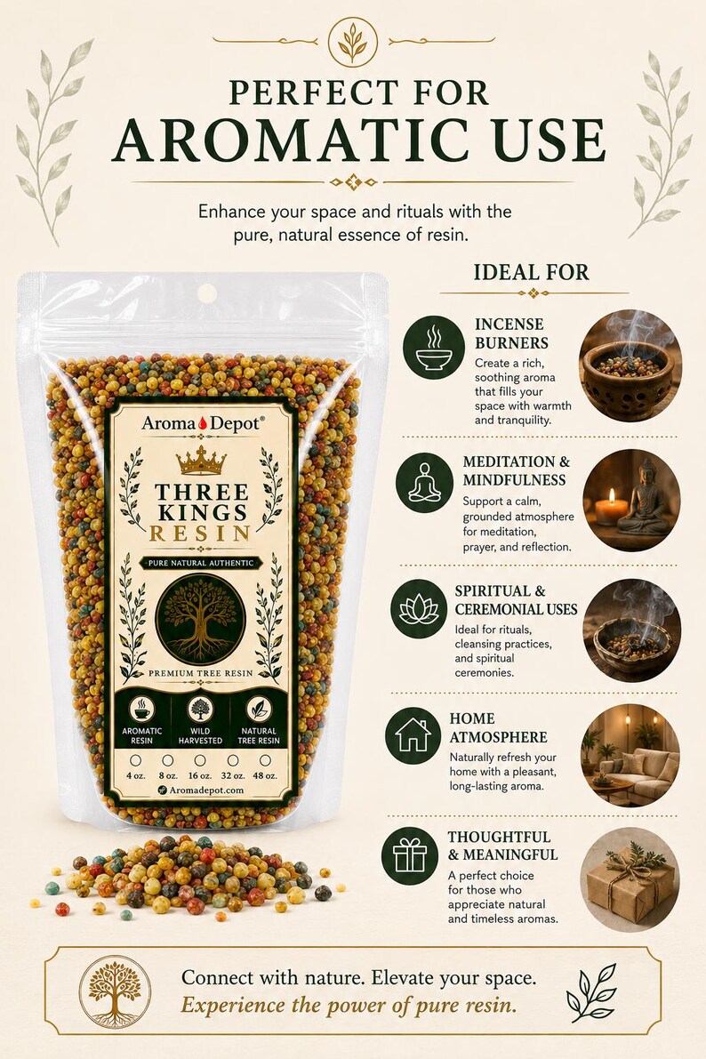 May include: A clear bag of Aroma Depot Three Kings Resin, filled with colorful resin beads. The packaging includes text about aromatic use, incense burners, meditation, and home atmosphere. The bag contains 4 oz, 8 oz, 16 oz, 32 oz, and 48 oz of resin.