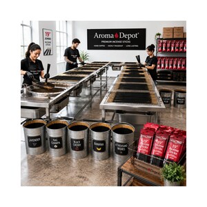 May include: A manufacturing facility for Aroma Depot premium incense sticks featuring long stainless steel tables with rows of black incense sticks, metal buckets labeled with scents like Lavender and Nag Champa, and red retail packaging.
