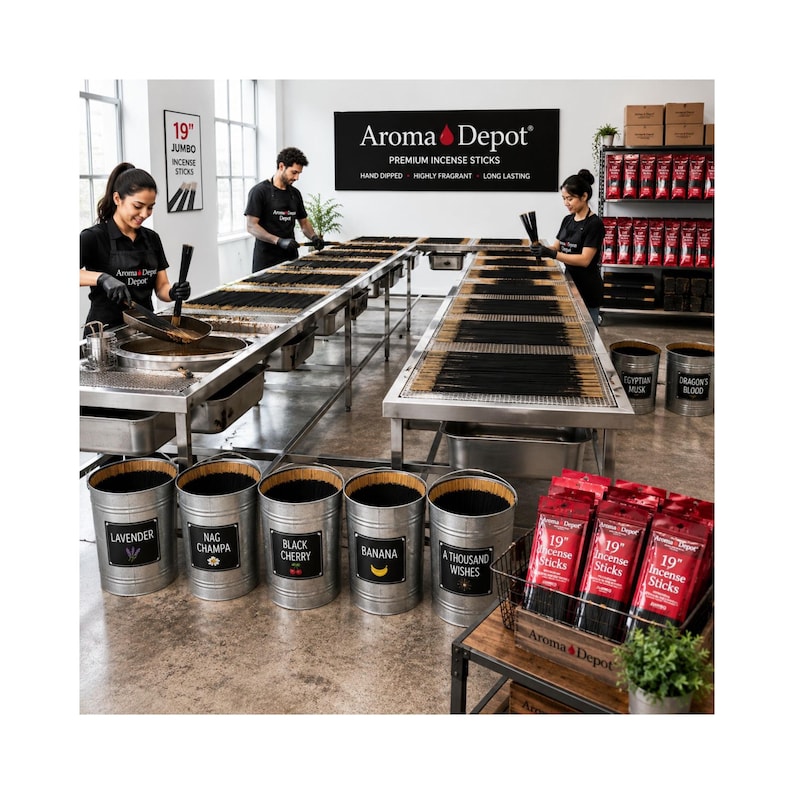 May include: A manufacturing facility for Aroma Depot premium incense sticks featuring long stainless steel tables with rows of black incense sticks, metal buckets labeled with scents like Lavender and Nag Champa, and red retail packaging.