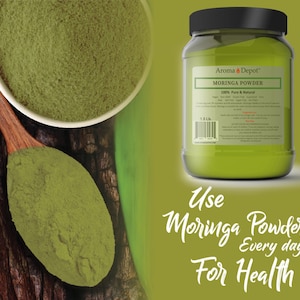 May include: A 1.5 lb jar of Moringa Powder, 100% Pure & Natural, from Aroma Depot. The jar is green and has a white label with the product name and description. The image also includes a wooden spoon with green powder and a bowl of green powder.
