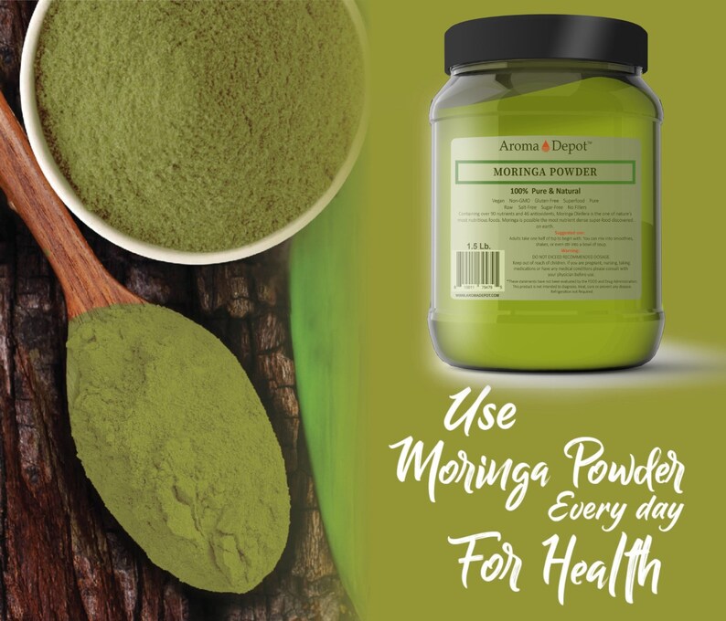 May include: A 1.5 lb jar of Moringa Powder, 100% Pure & Natural, from Aroma Depot. The jar is green and has a white label with the product name and description. The image also includes a wooden spoon with green powder and a bowl of green powder.