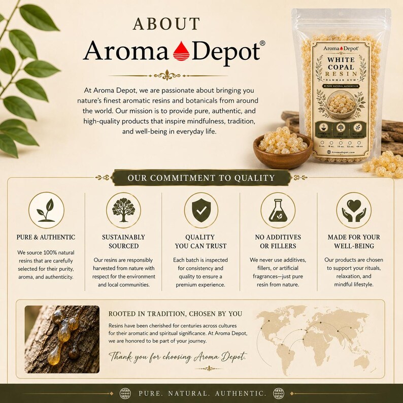 Pu&ograve; includere: Una pubblicit&agrave; per Aroma Depot con resina di copale bianca. L'immagine include un sacchetto di resina, una ciotola di legno e testo che descrive l'impegno dell'azienda verso la qualit&agrave;, la sostenibilit&agrave; e l'autenticit&agrave;. Il testo menziona anche la missione dell'azienda.