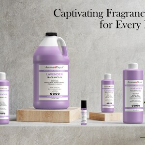 May include: Four bottles of lavender fragrance oil in various sizes, from a large gallon jug to a small roller bottle. The bottles are all purple and have the same label with the text "Aroma Depot" and "Lavender Fragrance Oil".