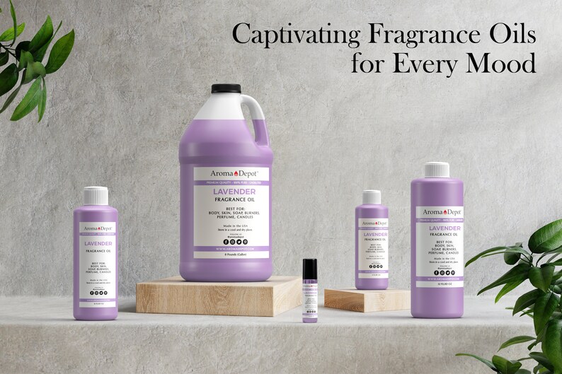 May include: Four bottles of lavender fragrance oil in various sizes, from a large gallon jug to a small roller bottle. The bottles are all purple and have the same label with the text "Aroma Depot" and "Lavender Fragrance Oil".