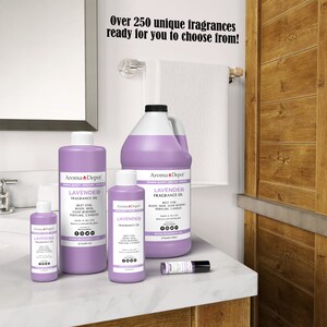 May include: Five bottles of lavender fragrance oil in various sizes, from a small 1/2 ounce bottle to a large 32 ounce bottle. The bottles are all purple and have a white label with the text "Aroma Depot" and "Lavender Fragrance Oil".