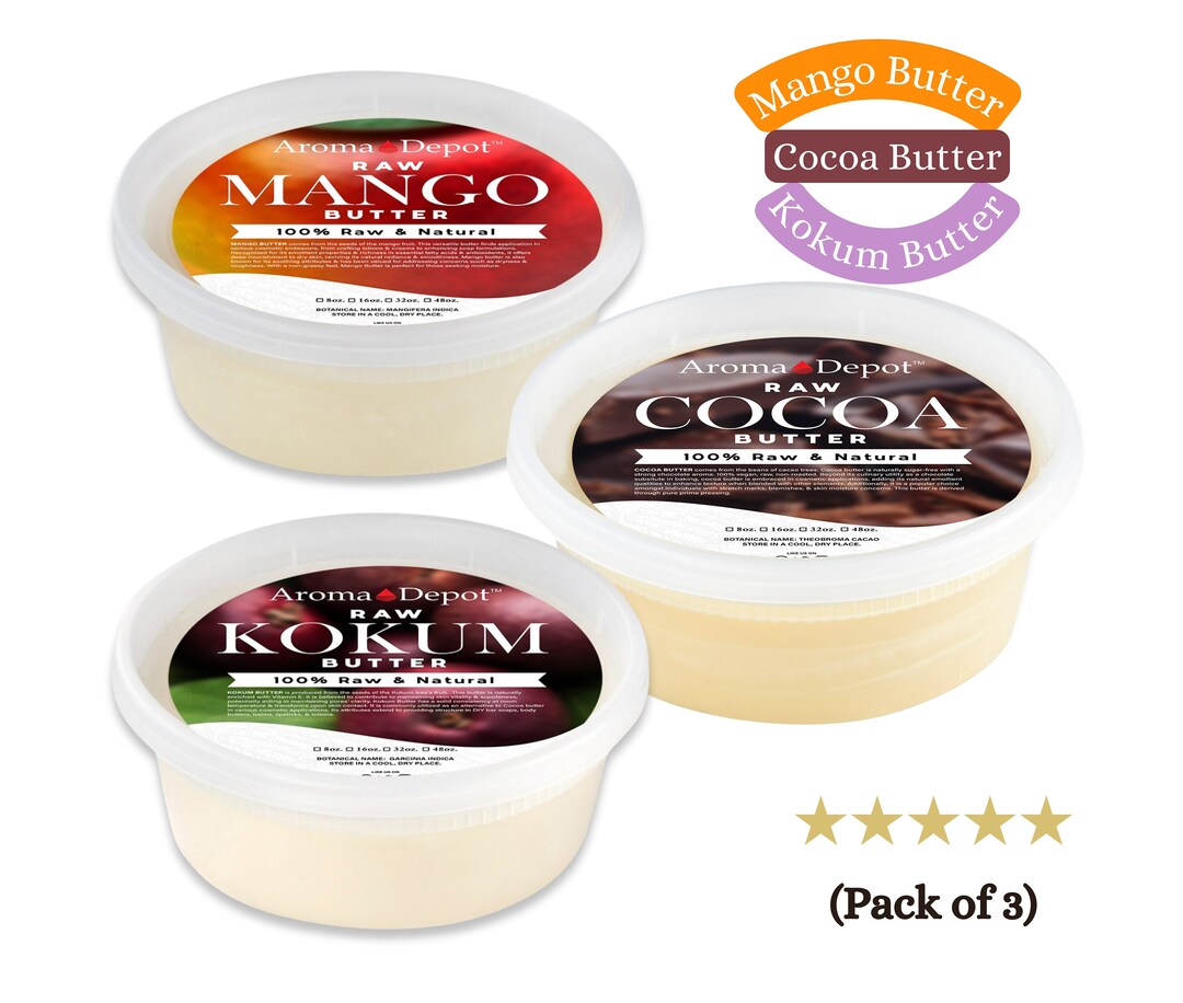 Raw Cocoa Butter, Mango Butter, Kokum Butter for Skin, Eczema, Body