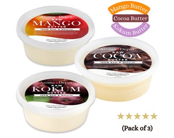 Raw Cocoa Butter,  Mango Butter, Kokum Butter For Skin, Eczema, Body Butter, and Face. Natural Body Butters Trio Gift Pack