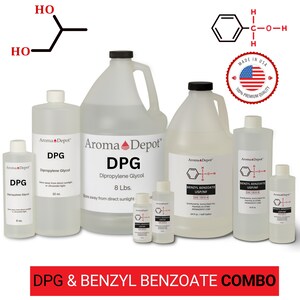 May include: A set of clear plastic bottles containing Dipropylene Glycol (DPG) and Benzyl Benzoate USP/NF. The bottles are labeled with the brand name "Aroma Depot" and the product names. The set includes a variety of bottle sizes, including a large 8-pound bottle of DPG.