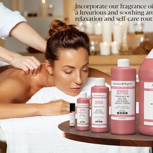 May include: Four bottles of Mango Butter Fragrance Oil in various sizes, from a small roller bottle to a large 1-gallon jug. The bottles are pink and have a white label with the text "Aroma Depot" and "Mango Butter Fragrance Oil".