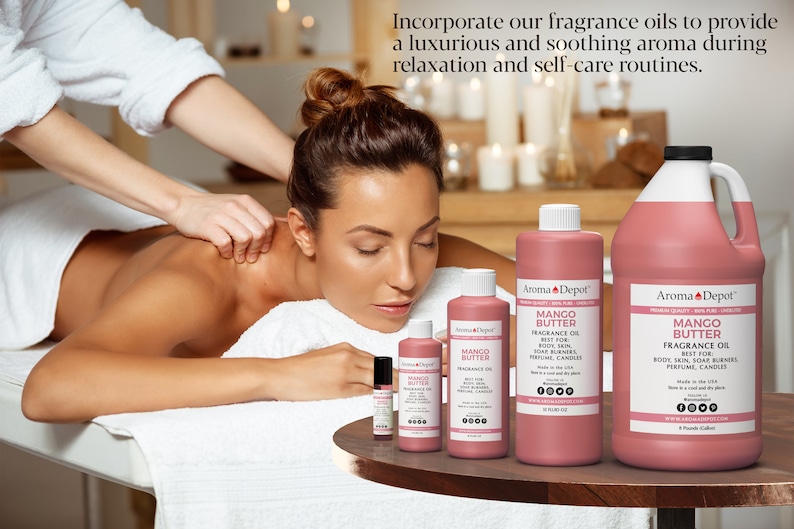 May include: Four bottles of Mango Butter Fragrance Oil in various sizes, from a small roller bottle to a large 1-gallon jug. The bottles are pink and have a white label with the text "Aroma Depot" and "Mango Butter Fragrance Oil".