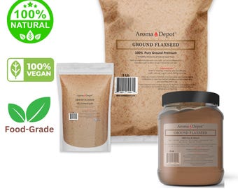 May include: Three different sizes of ground flaxseed powder in brown paper bags and a glass jar. The bags and jar have a brown label with the text "Aroma Depot" and "Ground Flaxseed". The label also states "100% Pure Ground Premium" and "100% Pure & Natural". The bags are labeled with 5 lb and 2 lb. The jar is labeled with 2 lb.
