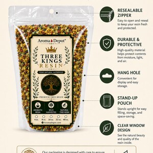May include: A clear, resealable pouch of Three Kings Resin from Aroma Depot. The packaging features a clear window, hang hole, and stand-up pouch. The label includes the text "Pure Natural Authentic" and sizes from 4 oz to 48 oz.