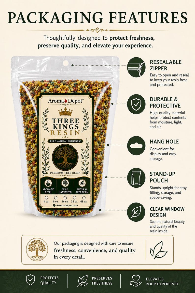 May include: A clear, resealable pouch of Three Kings Resin from Aroma Depot. The packaging features a clear window, hang hole, and stand-up pouch. The label includes the text "Pure Natural Authentic" and sizes from 4 oz to 48 oz.