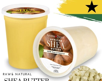 May include: Two tubs of raw and natural African Shea Butter, one large and one small. The tubs are labeled "Aroma Depot African Shea Butter 100% Raw & Natural". The smaller tub is sitting on top of a wooden bowl filled with chunks of shea butter.