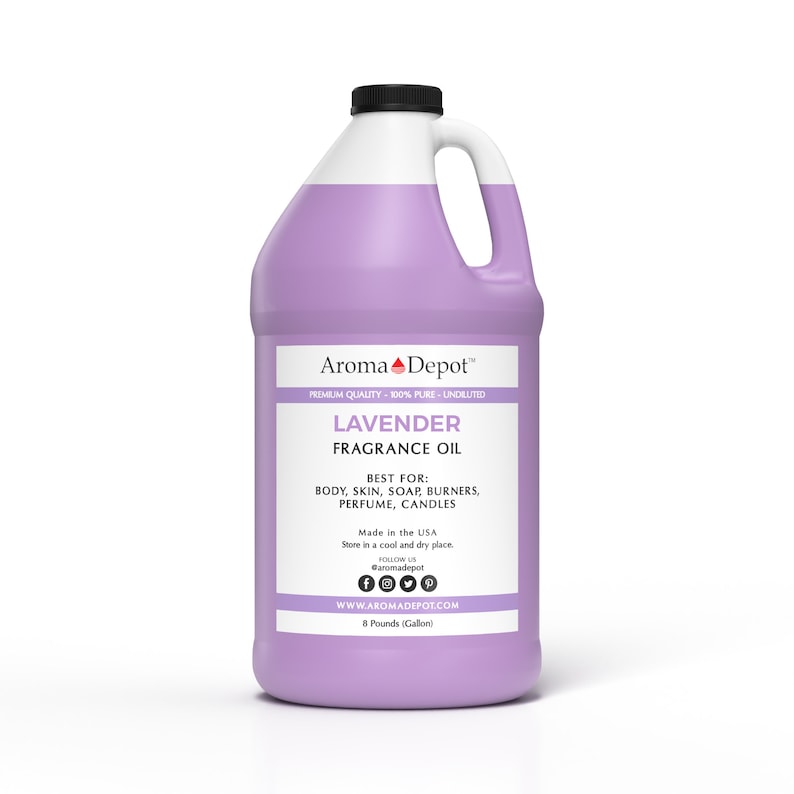 May include: A gallon jug of lavender fragrance oil from Aroma Depot. The label is purple and white and says "Premium Quality - 100% Pure - Undiluted". It also says "Best For: Body, Skin, Soap Burners, Perfume, Candles".