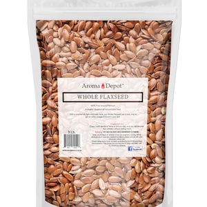 May include: A clear plastic bag filled with brown flax seeds. The bag has a label that reads "Aroma Depot&trade; Whole Flaxseed 100% Pure Ground Premium A Healthy obsession all natural super food" and "3 Lb."