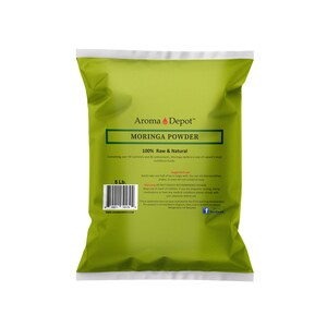 May include: A green bag of Moringa Powder, labelled "Aroma Depot" and "100% Raw & Natural". The bag contains 5 pounds of powder and includes a suggested use and warning label.