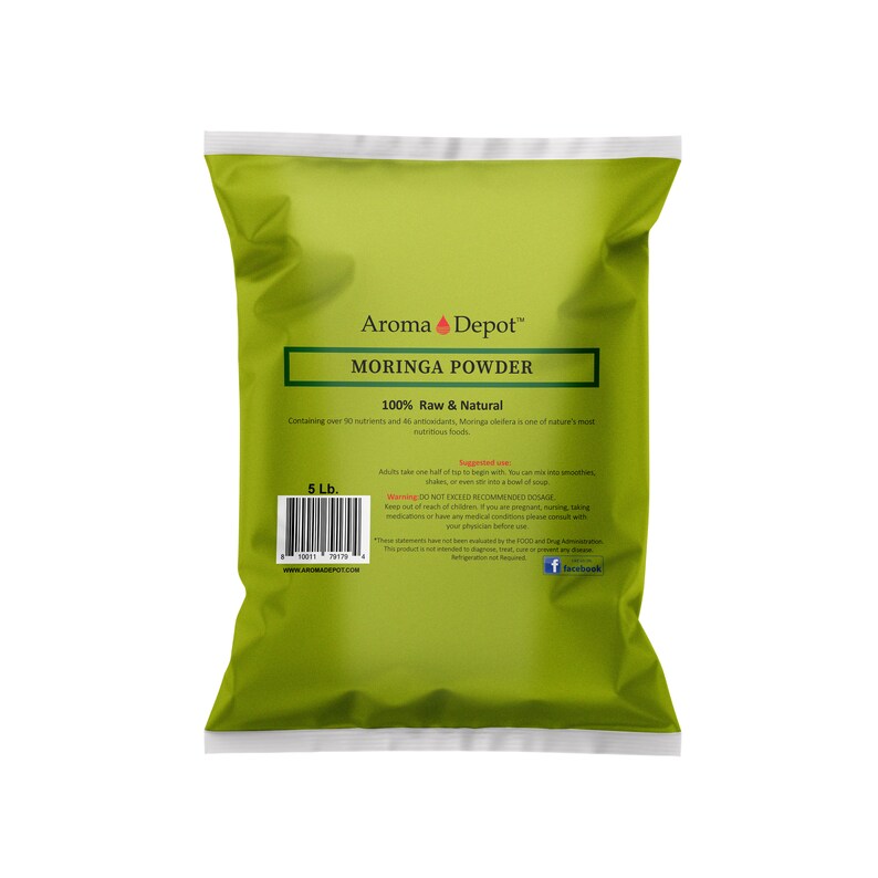 May include: A green bag of Moringa Powder, labelled "Aroma Depot" and "100% Raw & Natural". The bag contains 5 pounds of powder and includes a suggested use and warning label.