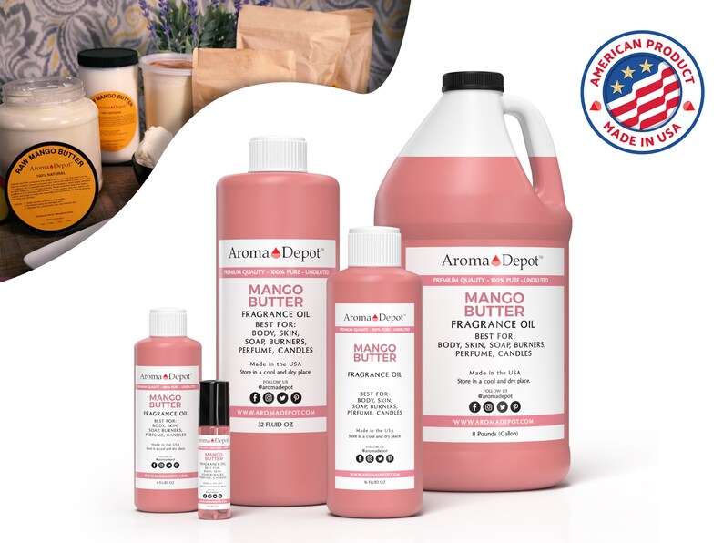 May include: A set of four bottles of mango butter fragrance oil in various sizes. The bottles are pink and have a white label with the text "Aroma Depot" and "Mango Butter Fragrance Oil". The bottles are arranged in a row from largest to smallest. The largest bottle is a gallon size, the next is 32 fluid ounces, the next is 10 fluid ounces, and the smallest is a 10 ml roll-on bottle. The bottles are all labeled "Made in the USA".