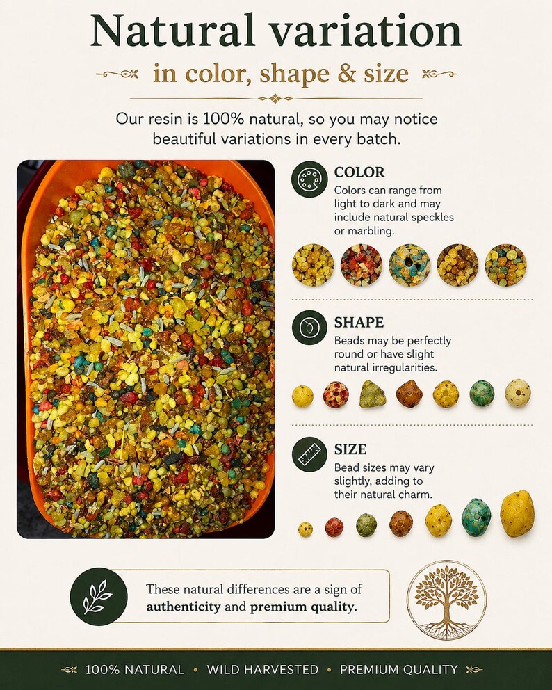 May include: An orange scoop filled with colorful resin beads. The image highlights variations in color, shape, and size, with text explaining natural speckles, round shapes, and size differences. The text also states the resin is 100% natural.