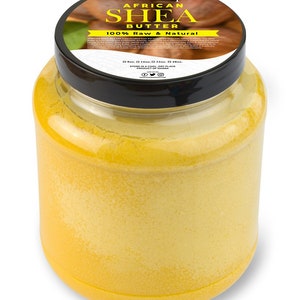 3 lb. Clear Wide-mouth Jar closed with a label that reads Aroma Depot African Shea Butter 100% Raw & Natural. The inside of the jar is filled with Yellow Shea Butter. Single item, white background.