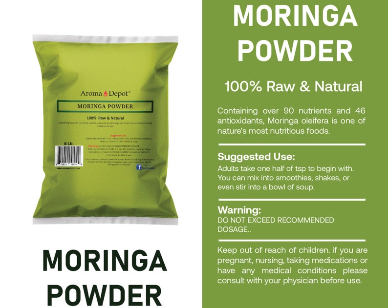 May include: A green bag of Moringa Powder, 100% Raw & Natural. The bag has a label with the company name Aroma Depot and a barcode. The text on the label reads "Moringa Powder 100% Raw & Natural".