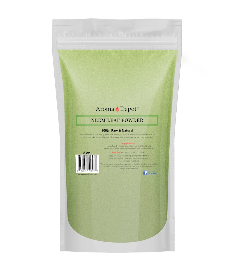 May include: A white resealable bag with a green powder inside. The bag is labeled "Aroma Depot" and "Neem Leaf Powder 100% Raw & Natural". The bag is 8 oz. and has a barcode and website address.