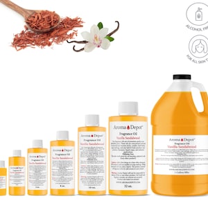 May include: A set of six amber glass bottles with yellow liquid inside. The bottles are labeled "Aroma Depot" and contain "Vanilla Sandalwood" fragrance oil. The bottles are arranged in order of size, from smallest to largest. The smallest bottle is 1/4 oz, the next is 1/2 oz, the next is 1 oz, the next is 4 oz, the next is 16 oz, and the largest bottle is 32 oz. The bottles are all labeled "Alcohol Free" and "For All Skin Type".