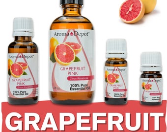 May include: A collection of Aroma Depot grapefruit pink essential oil bottles, ranging in size from small to 4 fl oz. The bottles are amber-colored with white labels featuring grapefruit illustrations and text. The word "GRAPEFRUIT" is displayed in large red letters.