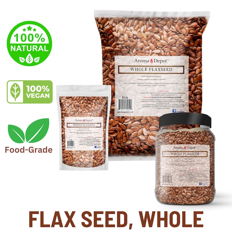 May include: Three bags of brown flax seeds, labeled "Aroma Depot Whole Flaxseed". The largest bag is 5 pounds, the medium bag is 1 pound, and the smallest bag is 2.5 ounces. The bags are on a white background.
