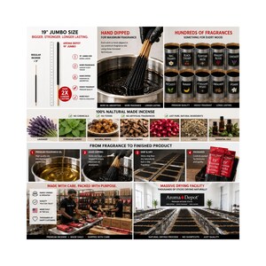 May include: An infographic for 19-inch jumbo incense sticks by Aroma Depot. It displays a size comparison, the hand-dipping process in fragrance oil, various scent containers, natural ingredients, production steps, and a large-scale drying facility.