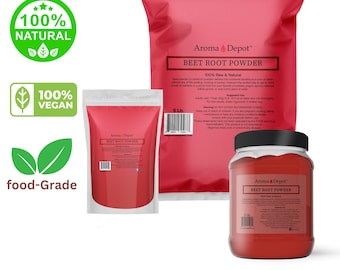 May include: Three different sizes of beet root powder in red bags and jars. The bags are labeled "Aroma Depot Beet Root Powder 100% Raw & Natural" and the jars are labeled "Aroma & Depot Beet Root Powder".