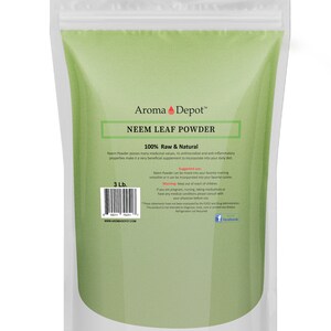 May include: A 3-pound bag of Neem Leaf Powder, a 100% raw and natural supplement. The bag is green and white with the brand name "Aroma Depot" and the product name "Neem Leaf Powder" printed on it. The bag also includes a suggested use and warning label.