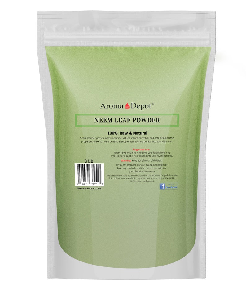 May include: A 3-pound bag of Neem Leaf Powder, a 100% raw and natural supplement. The bag is green and white with the brand name "Aroma Depot" and the product name "Neem Leaf Powder" printed on it. The bag also includes a suggested use and warning label.