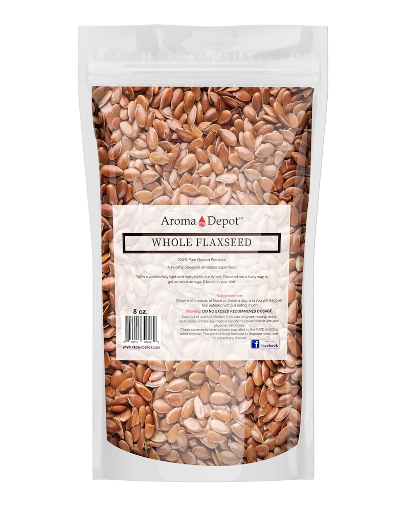 May include: A clear plastic bag filled with brown flax seeds. The bag has a label that reads "Aroma Depot&trade; Whole Flaxseed 100% Pure Ground Premium A Healthy obsession all natural super food" and "8 oz."