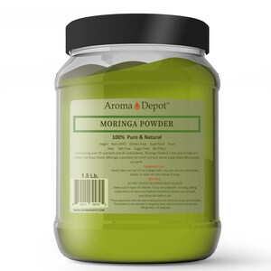 May include: A green plastic jar with a black lid containing Moringa Powder. The label reads "Aroma Depot" and "100% Pure & Natural". The jar is 1.5 lb and contains over 90 nutrients and 46 antioxidants.