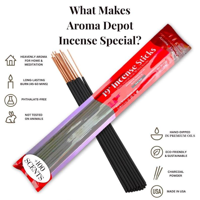 May include: A bundle of 19-inch incense sticks in a red and clear plastic package labeled Aroma Depot. The sticks have black charcoal coating and exposed wooden ends. Text includes +100 SCENTS, 19 Incense Sticks, and various icons describing features like phthalate-free, long-lasting burn, and hand-dipped in premium oils.