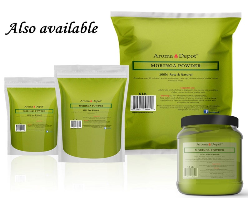 May include: Three different sizes of Moringa Powder in white bags with green labels. The labels say "Aroma Depot" and "Moringa Powder 100% Raw & Natural". The largest bag is 5 pounds. There is also a glass jar of Moringa Powder with a green label that says "Aroma Depot" and "Moringa Powder 100% Pure & Natural".